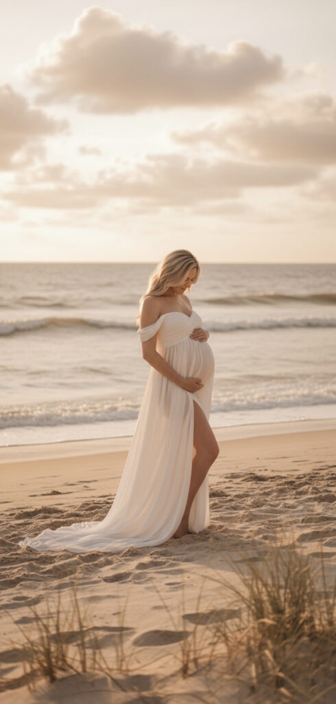 Robe de grossesse blanche à épaules dénudées et fente élégante, idéale pour une séance photo maternité naturelle sur la plage.