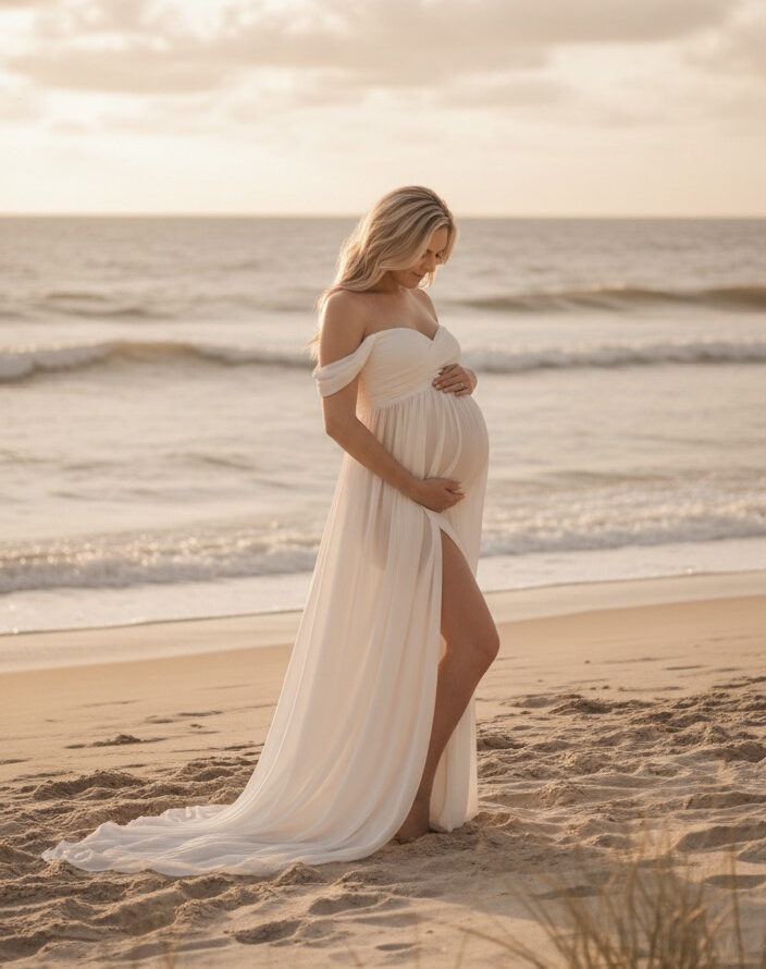 Robe de grossesse blanche à épaules dénudées et fente élégante, idéale pour une séance photo maternité naturelle sur la plage.